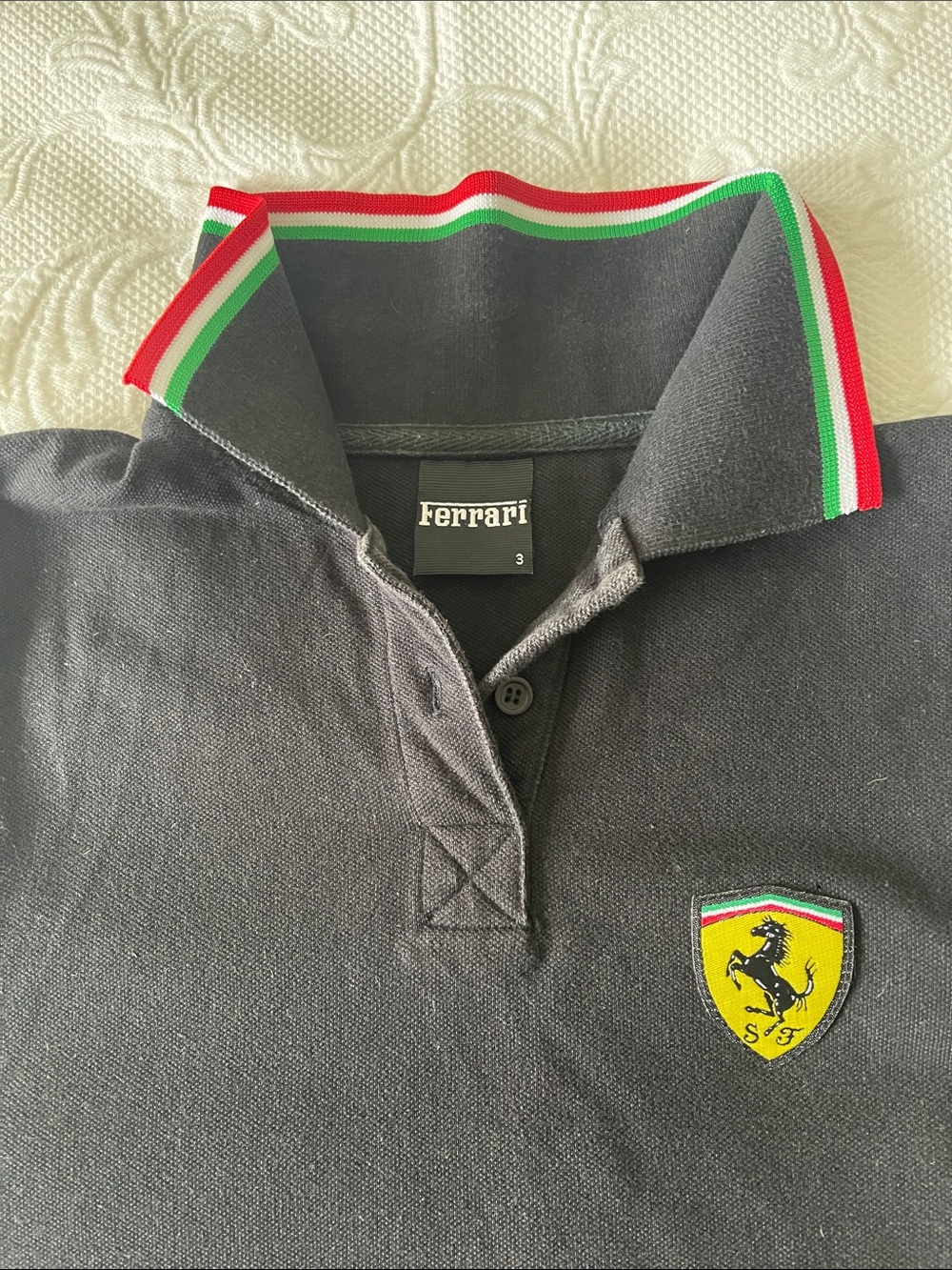 Ferrari Black Polo with Tricolor Collar and Yellow Shield